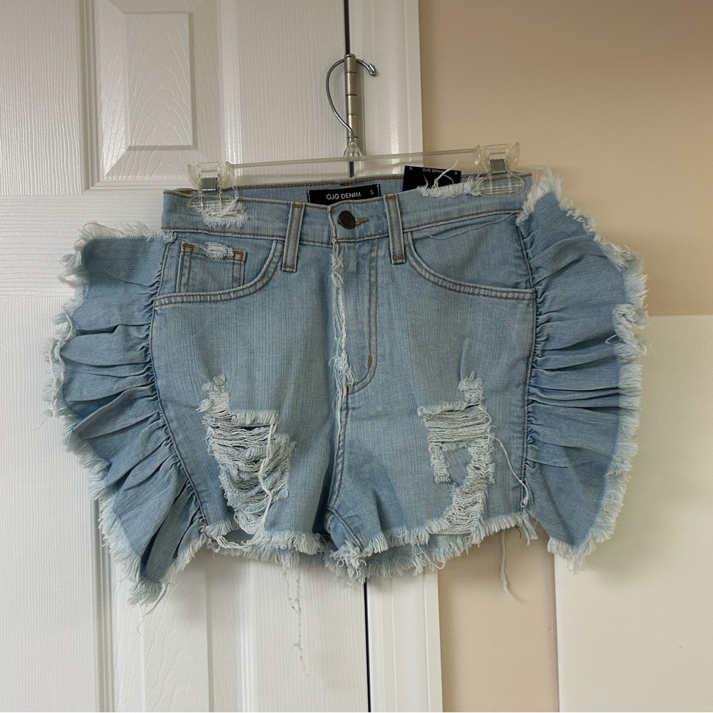 NWT GJG Denim Jean Shorts With Ruffle Side Panels